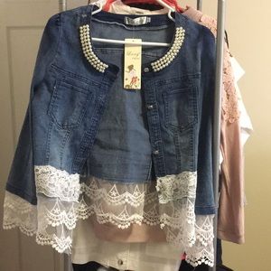 Stretchy jean jacket with embellishments & lace.